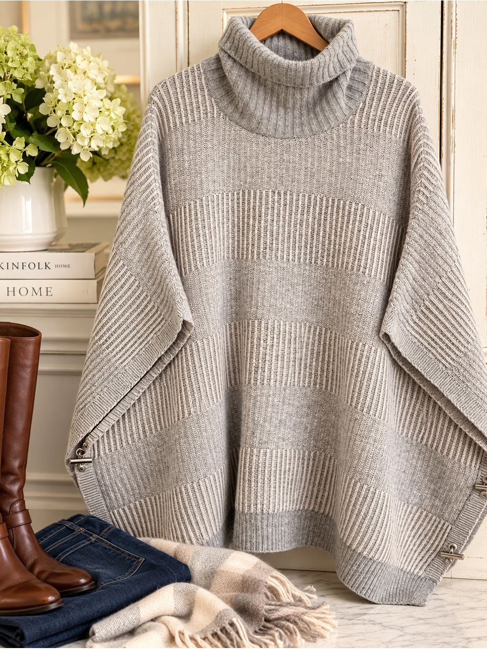 Barbour Light Gray Ribbed Turtleneck Poncho